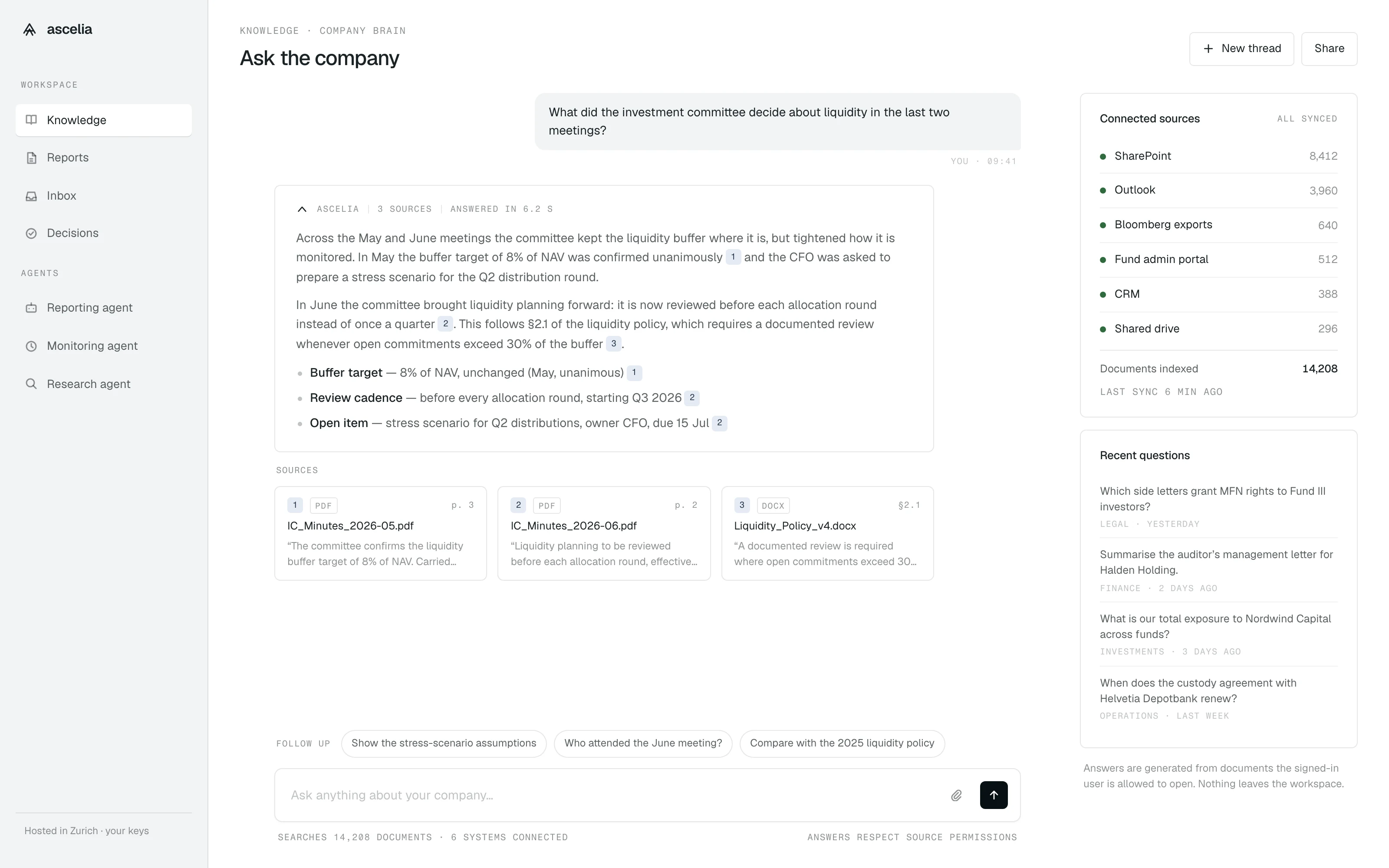 Company-wide chat answering a question with three cited source documents